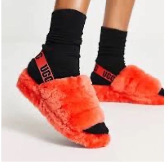 UGG Shoes - UGG Fluff Yeah Slides Hazard Orange Size 6 Women EUC